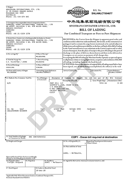 Bill Of Lading - SNLAMLCT004677